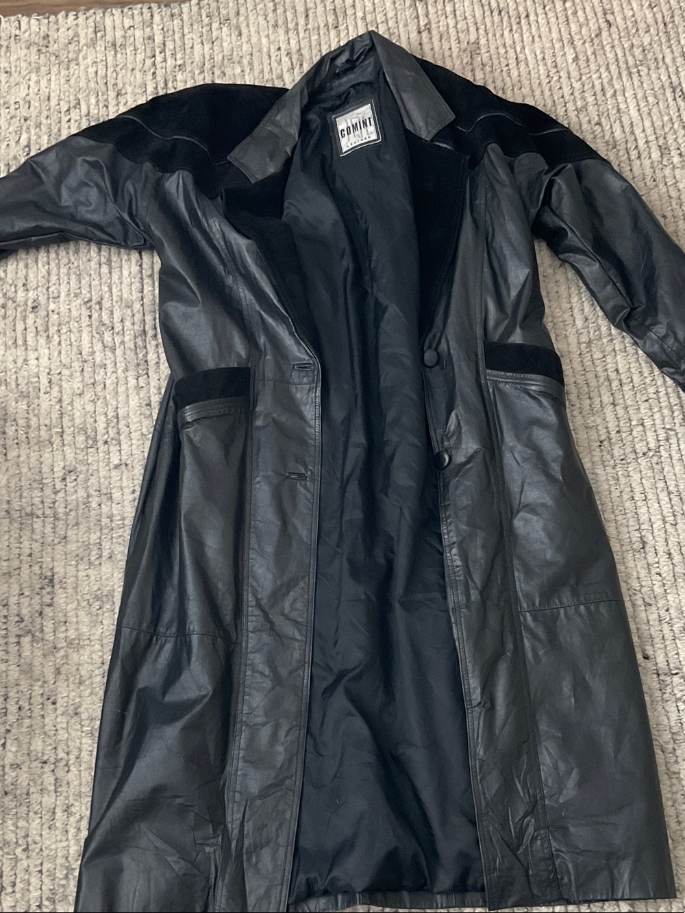 Vintage Black Leather Long Coat with Velvet Trim